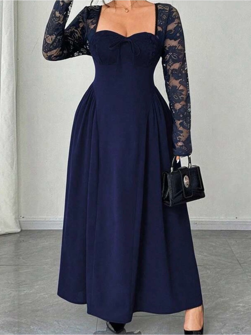 Elegant Navy Lace-Sleeve Midi Dress
